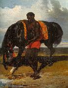 Alfred Dedreux Africain tenant un cheval au bord d'une mer oil on canvas